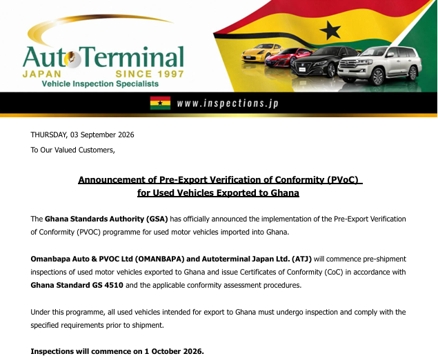 Autoterminal Japan and Omanbapa Auto & PVOC Announce Commencement of Used Vehicle PVoC Inspections for Ghana